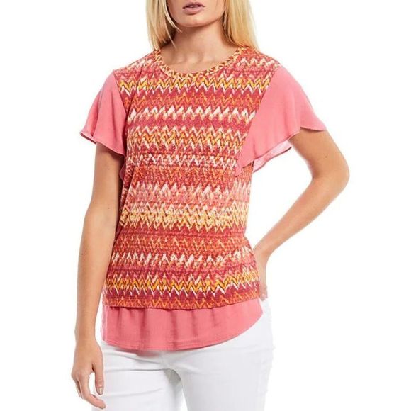 Tops - Hazy Stripe Mixed Media Flutter Sleeve Round Neck Top  NWT